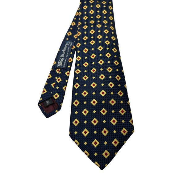 Burberrys Vintage Silk Tie Navy With Red & Yellow Diamond Pattern - Picture 3 of 5
